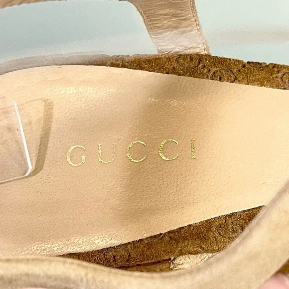 GUCCI Women's Tan GG Logo Platform Cork Wedge Espadrille Sandal Size 37.5 - Picture 8 of 13
